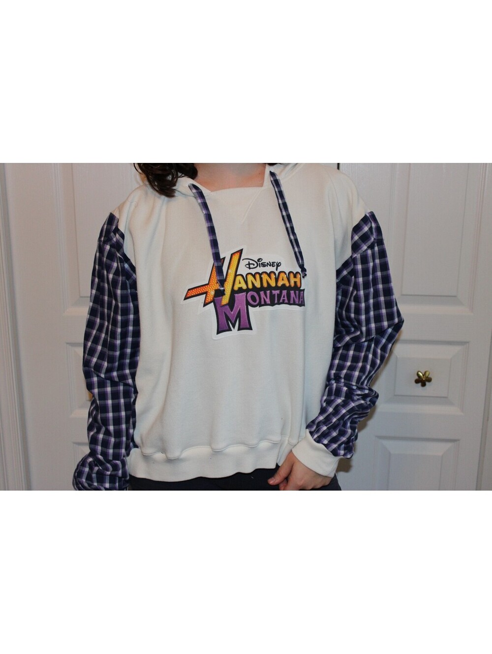 Reworked Disney Hannah Montana Pullover Hoodie with Plaid Sleeves